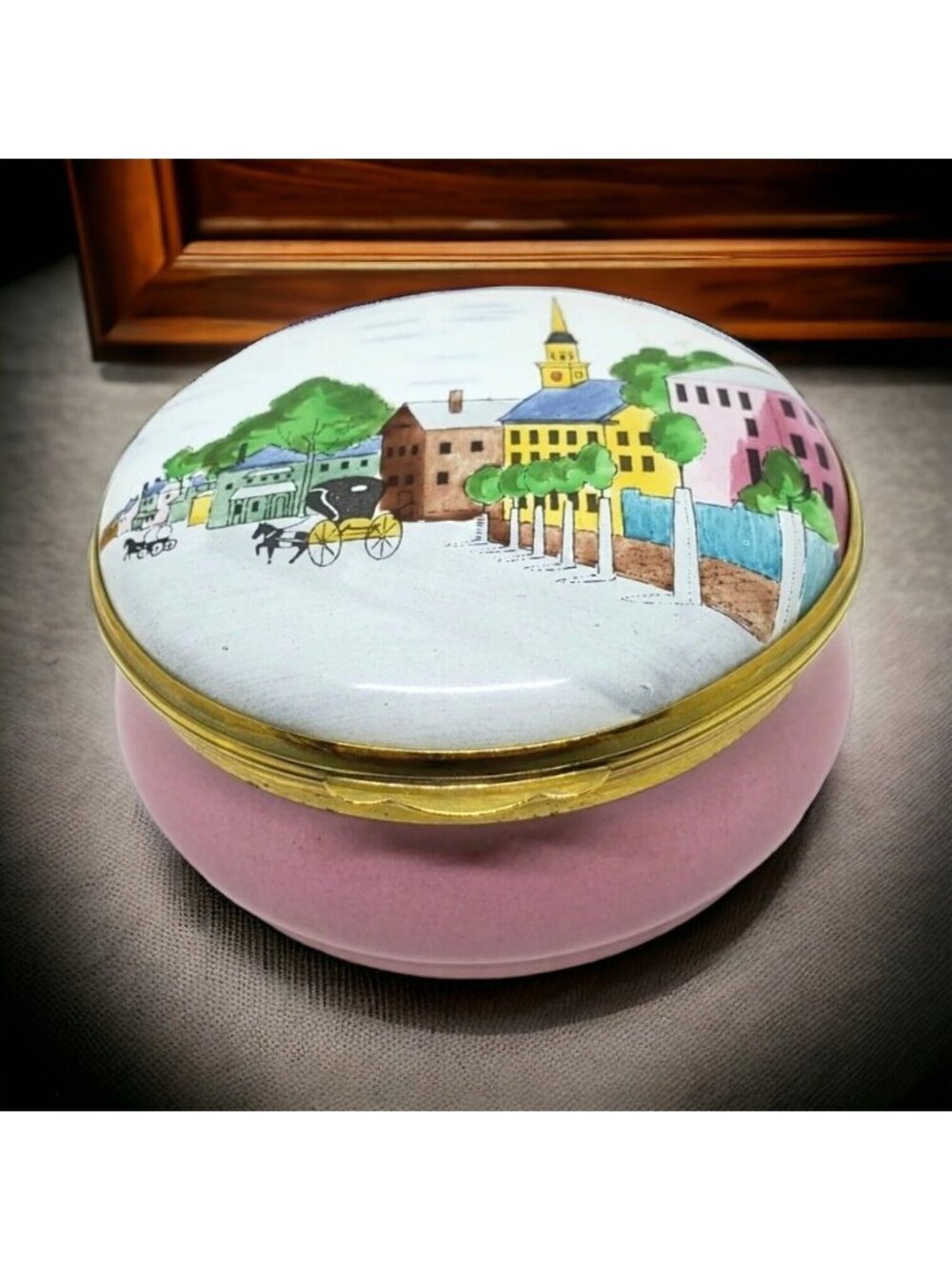 Crummles Enamel Trinket Box Panorama Of Massachusets Ltd Ed 124/250 Pink England